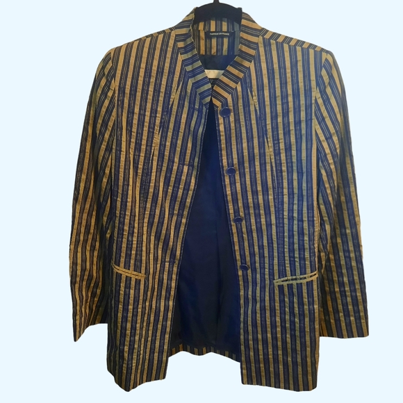 Vtg VOTRE NOM Linen Blend Striped Mandarin Collar Blazer Sz S Navy/Olive - Picture 8 of 10